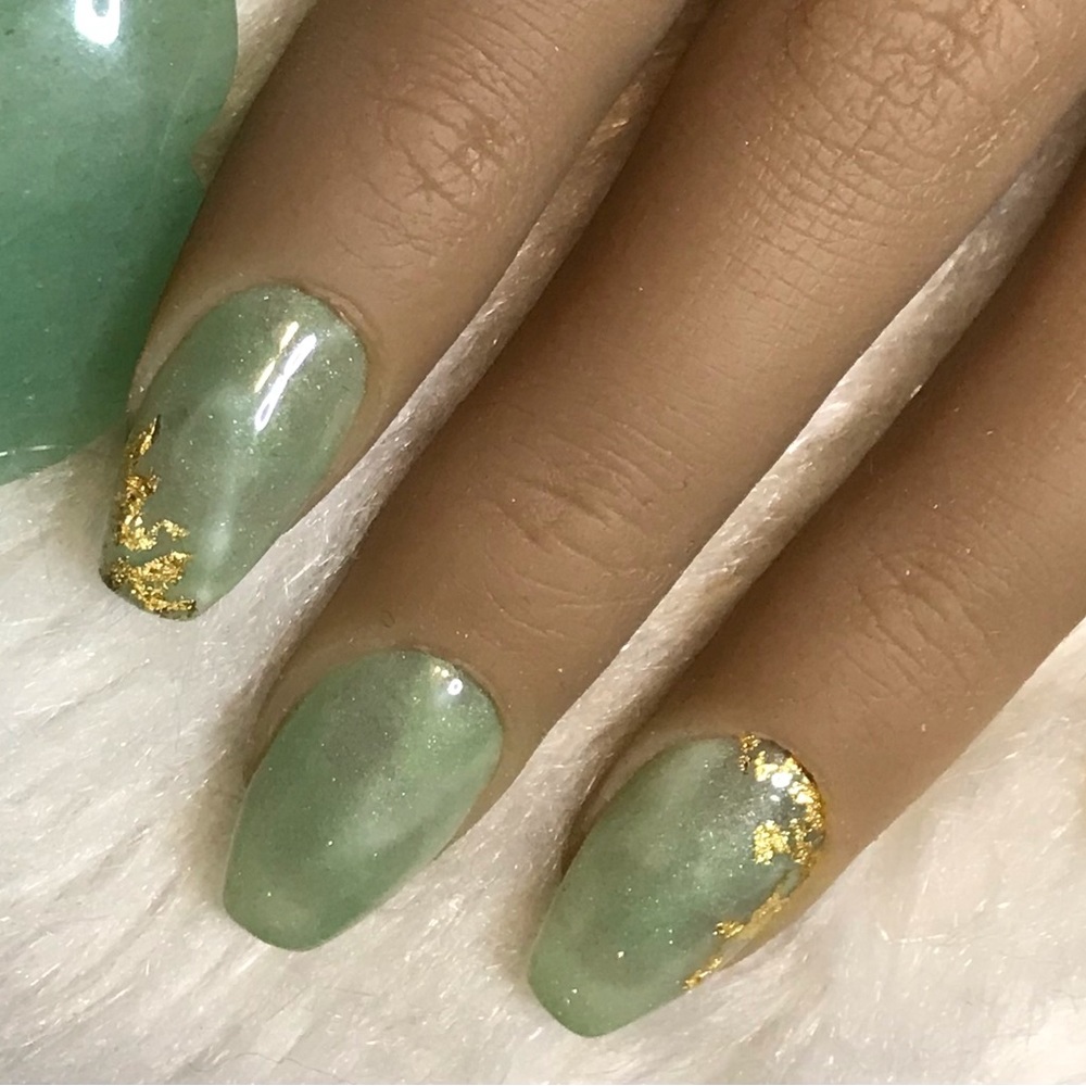 Jade/gold inspired luxury acrylic press on nails available in and length n shape
